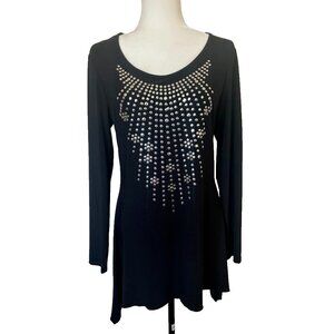 FRANK LYMAN Design Tunic Top Size 10 Black Studded Front Long Sleeve Jersey Knit